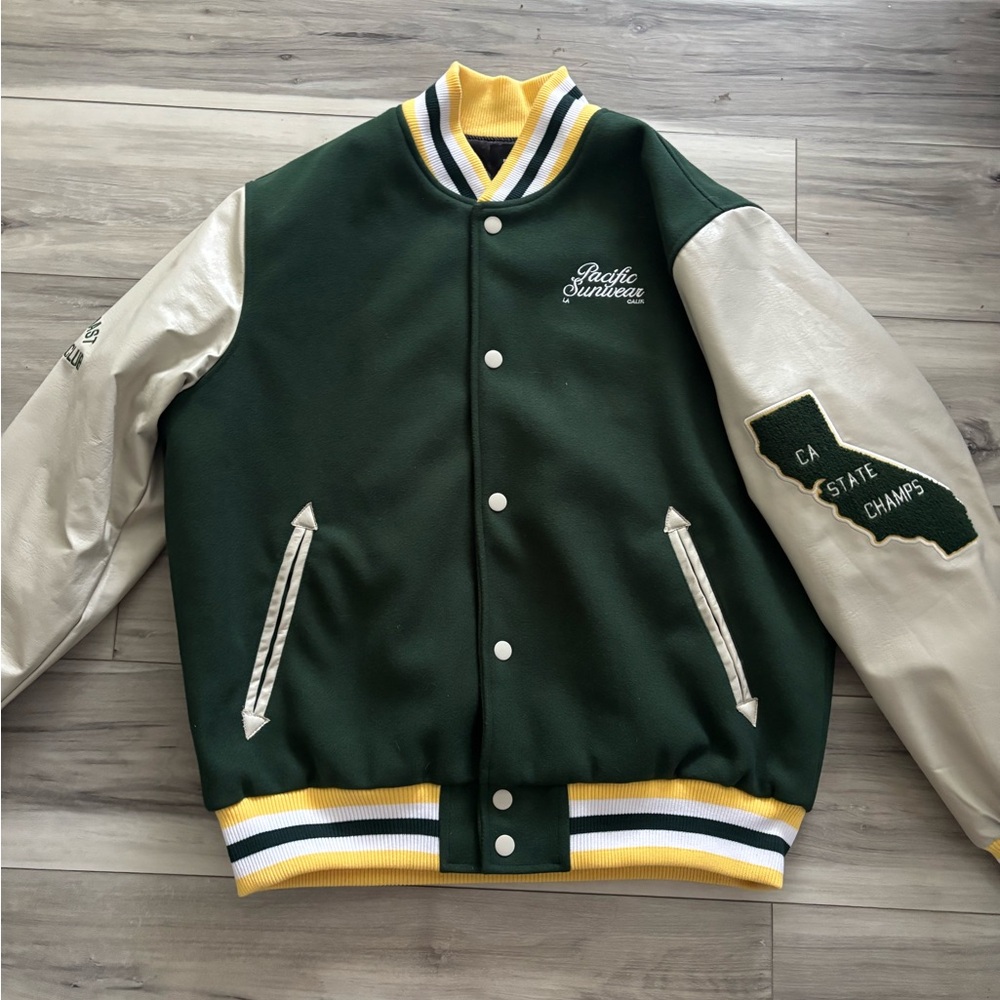 PacSun Green and White Bomber Jacket Varsity Style